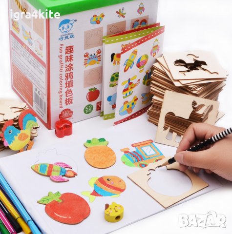 Детски комплект за рисуване с много формички от дърво + флумастри с книжка, снимка 1 - Рисуване и оцветяване - 26155798