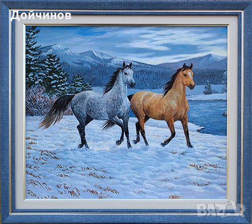 Зимен пейзаж с коне, картина, снимка 1