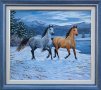 Зимен пейзаж с коне, картина, снимка 1 - Картини - 25313556