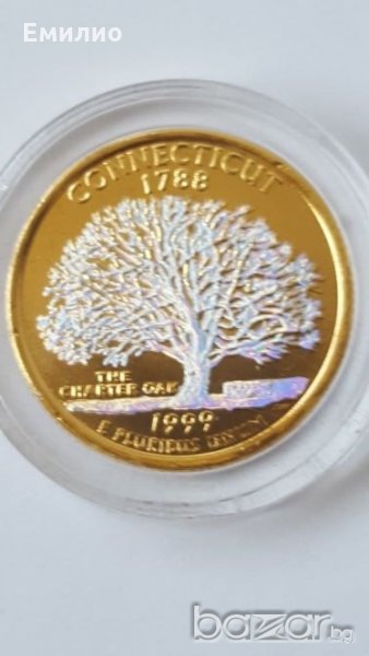 State Quarter GOLDEN PLATE 25 cents 1999 год. CONNECTICUT-1788 UNC, снимка 1