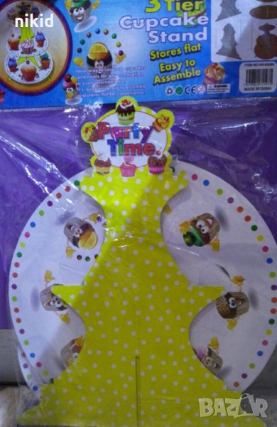 3 етажна Триетажна поставка стойка за мъфини картонена жълта на бели точки, снимка 1