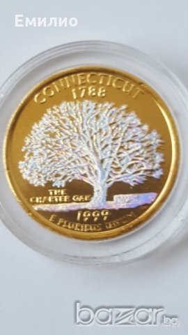 State Quarter GOLDEN PLATE 25 cents 1999 год. CONNECTICUT-1788 UNC