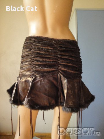Нова ефектна кафява дамска пола, поръбена с естествена заешка кожа с косъм (тип "туту"), рокля,заек, снимка 3 - Поли - 8730064
