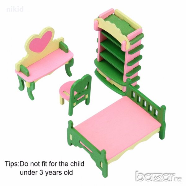 комплект за детска играчка дървена къща обзавеждане  всекидневна легло стол етажерка скамейка, снимка 1