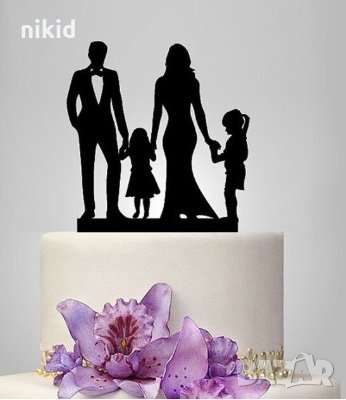 Семейство с 2 момичета сватбен черен твърд топер украса табела за торта сватба декор украса, снимка 1