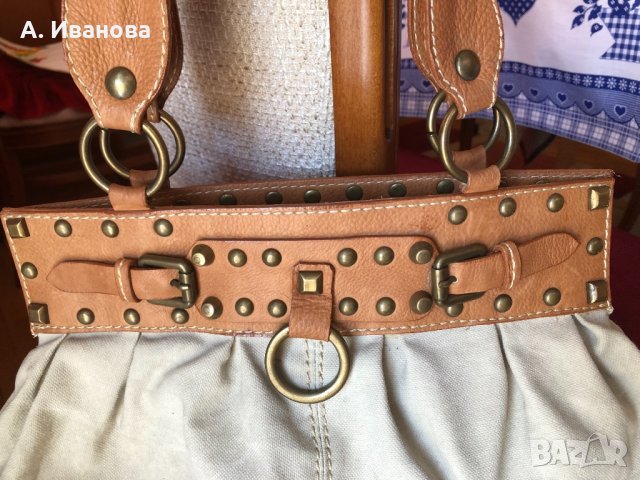 Дамска чанта от естествена кожа и лен, снимка 7 - Чанти - 24574286