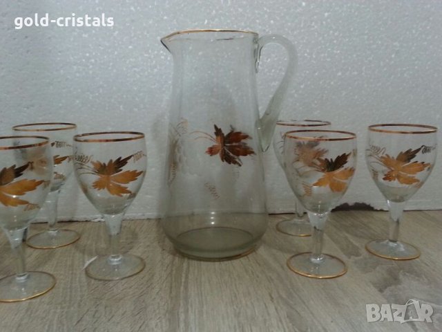 Стъклени чаши и кана с златен кант и гравюра, снимка 10 - Антикварни и старинни предмети - 22703507