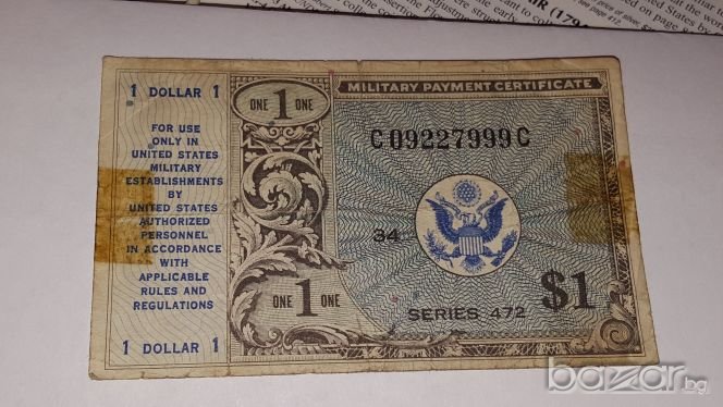 USA $ 1 Dollar Military Payment Certificates serial 472, снимка 1