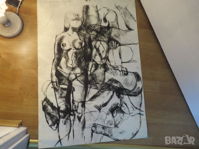 картина, еротика Красотата на  сложна композиция от преплетени голи тела - подписана - 18+