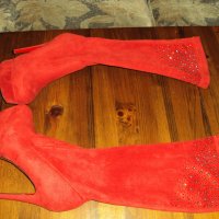 Червени велурени ботуши на високи токчета-15 см, снимка 2 - Дамски ботуши - 23120028