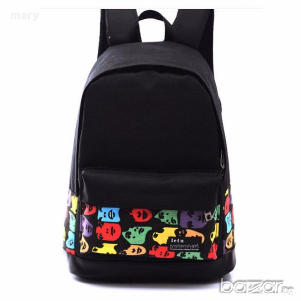 черна раница с разноцветни лица, снимка 1