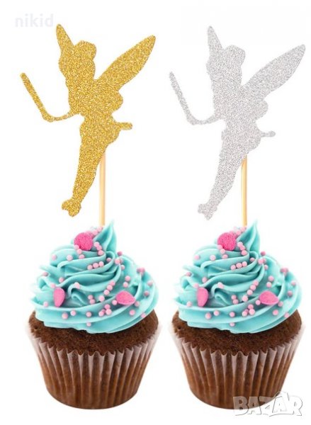10 бр малка фея Зън зън камбанките Tinkerbell меки брокат топери клечки мъфини кексче торта украса, снимка 1