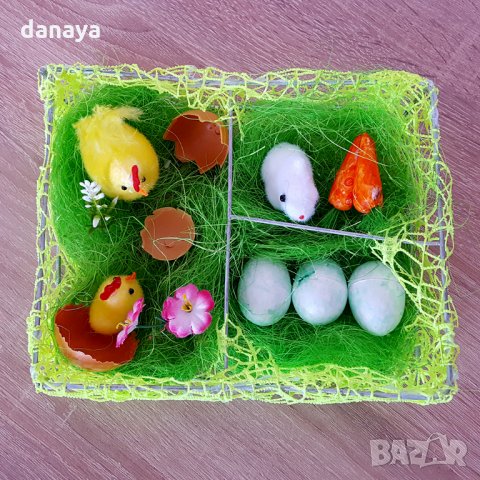 Декорация за Великден мини градинка с пиленца яйца и зайче 19x15x5см, снимка 3 - Декорация за дома - 24545078