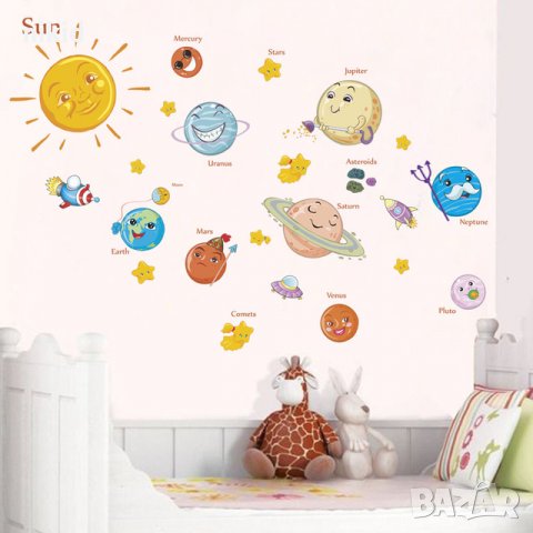 Весели планети и слънце стикер лепенка за стена таван мебел самозалепващ, снимка 1 - Декорация за дома - 23188139