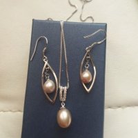 стерлингов  комплект с естествени бледолилави  перли