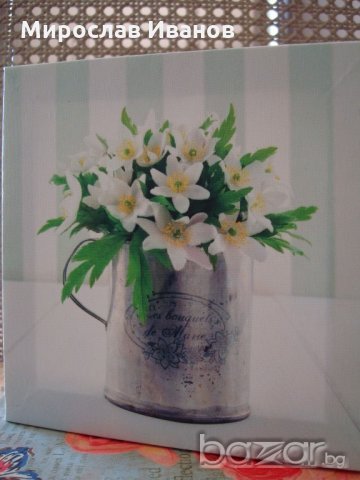 " Букет бели цветя в метален съд " - картина пано, снимка 3 - Декорация за дома - 21357375