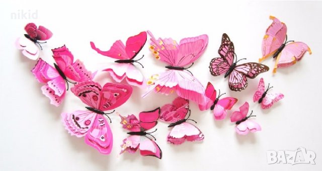 3D 12 бр pvc розови черни магнитни и самозалепващи пеперуди декорация за стена и мебел, снимка 2 - Други - 24240167