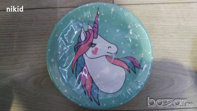 Кон Пони Еднорог Unicorn син фон 10 бр парти чинии чинийки