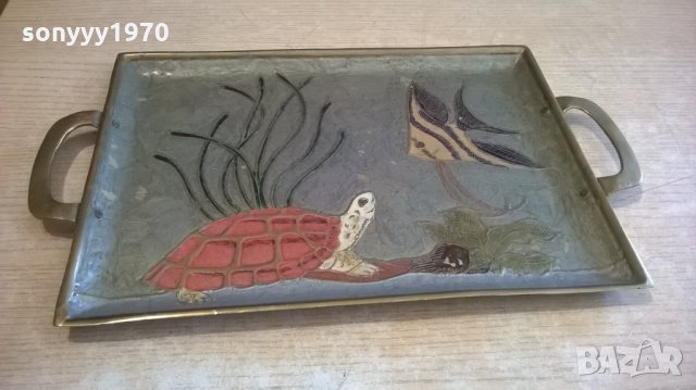 поднос с риба и костенурка-мед/месинг-24х21см-внос швеицария, снимка 3 - Антикварни и старинни предмети - 22970549