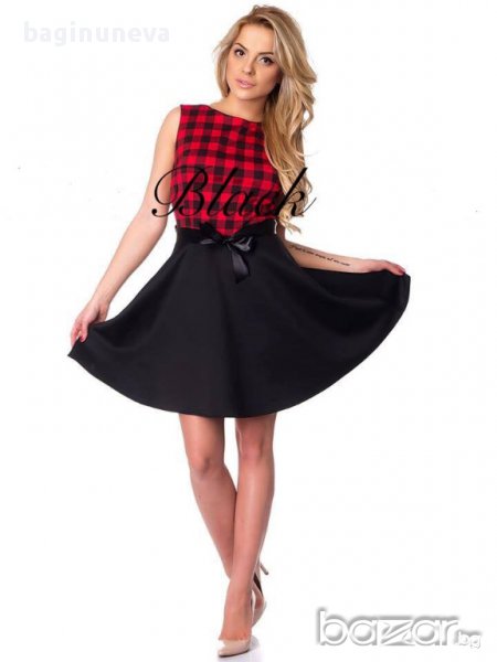 Дамска елегантна кукленска рокля каре с панделка-размер-Л-ХЛ, снимка 1