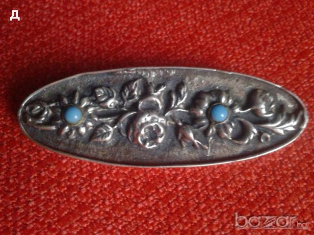 Стара сребърна брошка с  тюркоаз ръчна изработка, снимка 1 - Колиета, медальони, синджири - 15443494