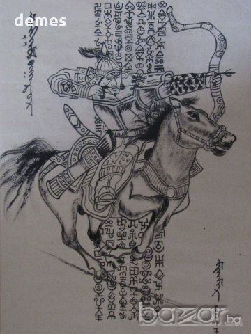 Картина Чингиз хан на кон върху оризова хартия от Монголия, снимка 3 - Колекции - 20252981