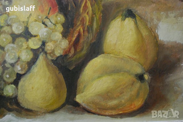 Стара картина, натюрморт, кошница с плодове, 1960-те год., снимка 4 - Картини - 24025679