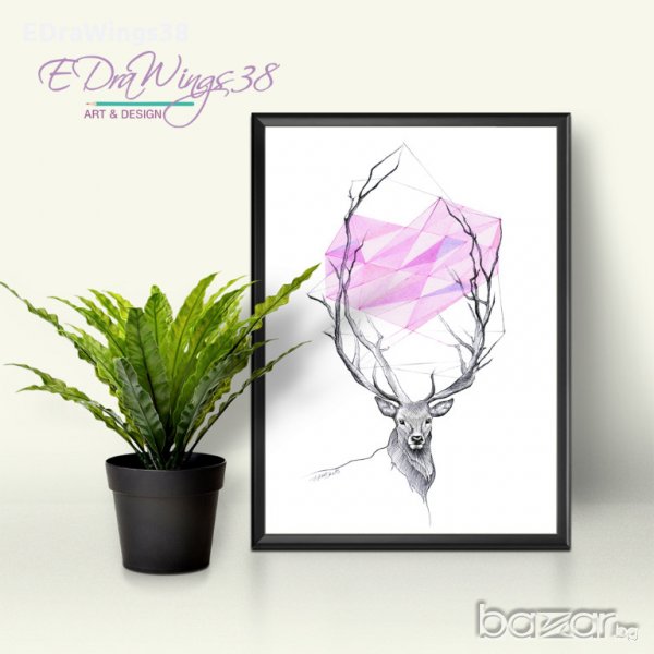 Рисунка Арт принт "Dear" / елен, сърце, любов, розово, снимка 1
