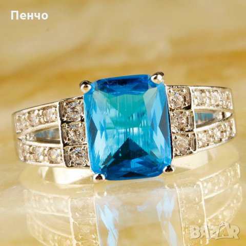 Посребрен пръстен със син камък, фини кралски бижута със цирконий, бижу унисекс моден младежки, снимка 5 - Пръстени - 21871788