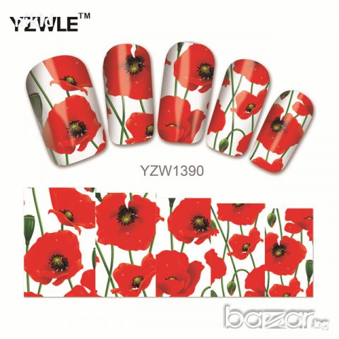 YZW 1390 червени макове ваденки водни стикери слайдери за нокти маникюр, снимка 1 - Други - 21045853