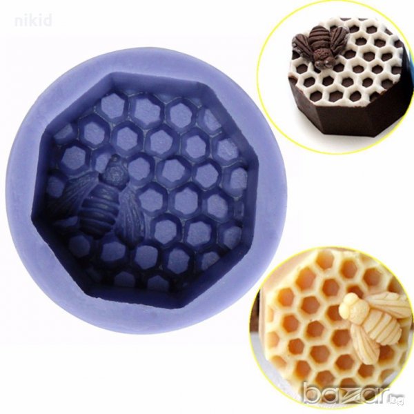 3D многоъгълник пчелна восъчна  пита с клетки и пчела силиконова форма молд калъп свещ сапун гипс, снимка 1