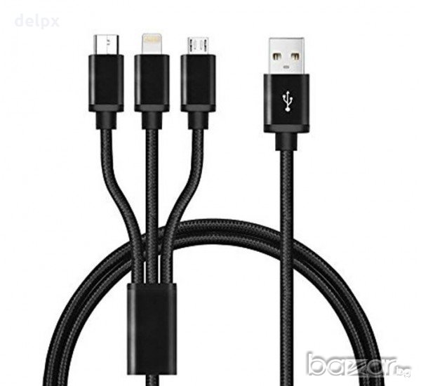 Кабел универсален, силиконов USB-A(м)/USB-C(м), MICRO USB(м), Apple lighining(м) 1m, снимка 1