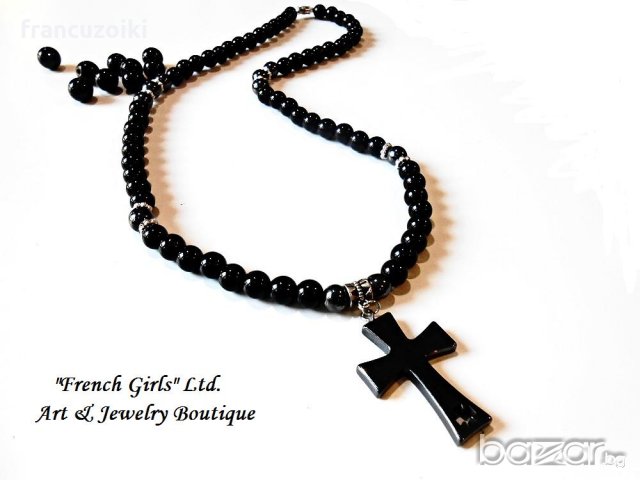 Мъжко колие от оникс и хематит с кръст, снимка 4 - Колиета, медальони, синджири - 19055232