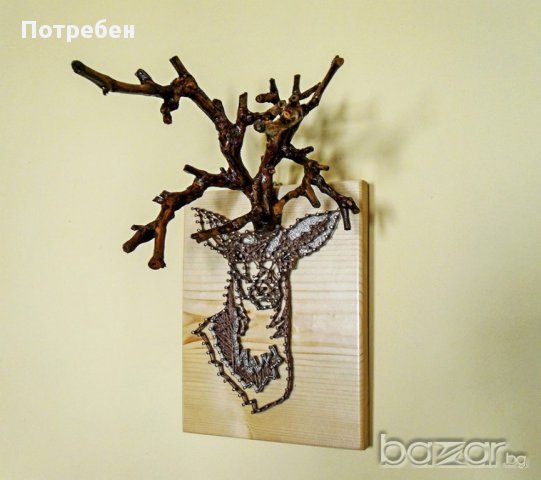 Стенен декор Еленска глава, подарък за ловец, ловен дом, хижа, битов кът. Трофей с рога от лоза,, снимка 3 - Декорация за дома - 10695840