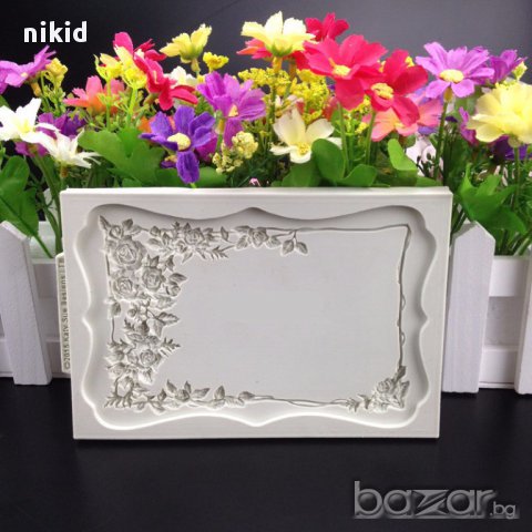 голяма рамка картичка с рози цветя силиконов молд форма украса декорация торта фондан тесто