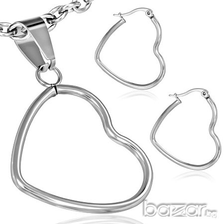 Комплект Сърца от стомана - висулка и обеци, снимка 1