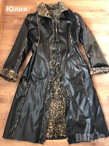 Кожено палто/ манто - черно с леопардов принт, снимка 2 - Палта, манта - 24064565