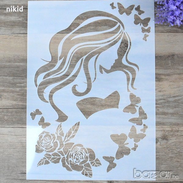 Момиче с рози и пеперуди шаблон стенсил спрей за торта украса кекс декорация с пудра захар, снимка 1