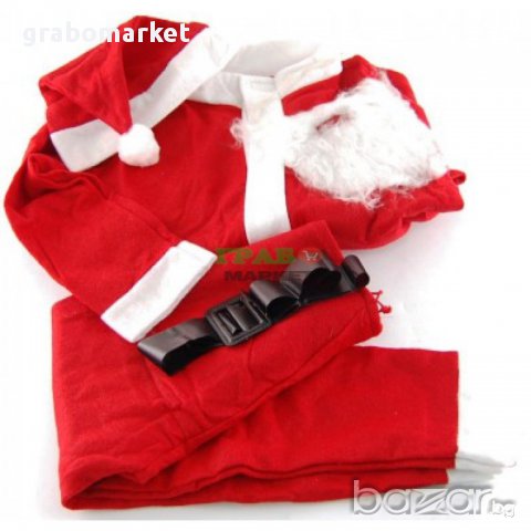 Коледен костюм от полар в бяло и червено - 4 части.  Комплектът включва - коледна шапка, изкуствен