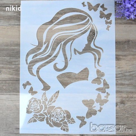 Момиче с рози и пеперуди шаблон стенсил спрей за торта украса кекс декорация с пудра захар