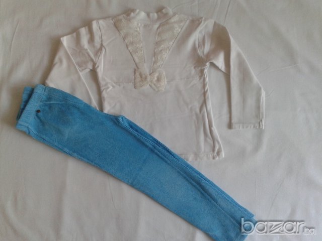 Бяла блузка със сърничка и кадифен светло син клин, снимка 4 - Детски Блузи и туники - 16338737