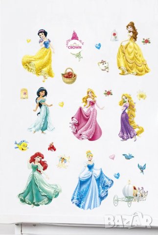 7 принцеси Снежанка Белл Пепеляшка Ариел Рапунцел Жасмин стикер лепенка за  стена мебел детска стая в Други в гр. Ямбол - ID24408905 — Bazar.bg