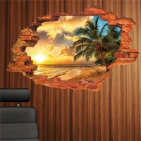 3D Пейзаж Залез море и палма през стена дупка лепенка за стена стикер самозалепващ, снимка 1 - Други - 22003530