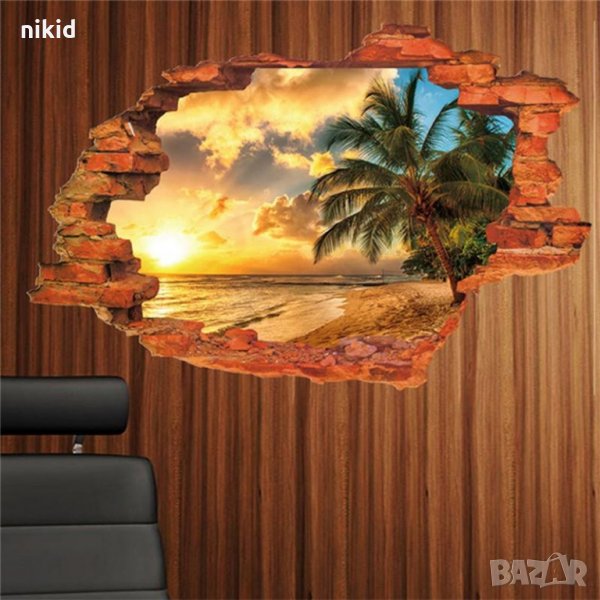 3D Пейзаж Залез море и палма през стена дупка лепенка за стена стикер самозалепващ, снимка 1