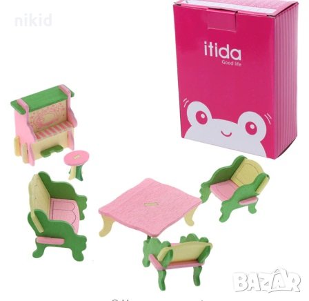 комплект за детска играчка дървена къща обзавеждане хол диван фотьойли маса пиано, снимка 1