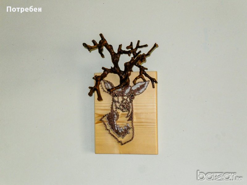 Стенен декор Еленска глава, подарък за ловец, ловен дом, хижа, битов кът. Трофей с рога от лоза,, снимка 1