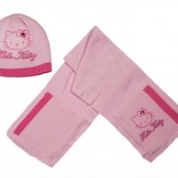 Нов детски комплект шапка и шал HELLO KITTY, екрю и розов цвят, снимка 1 - Шапки, шалове и ръкавици - 23527034