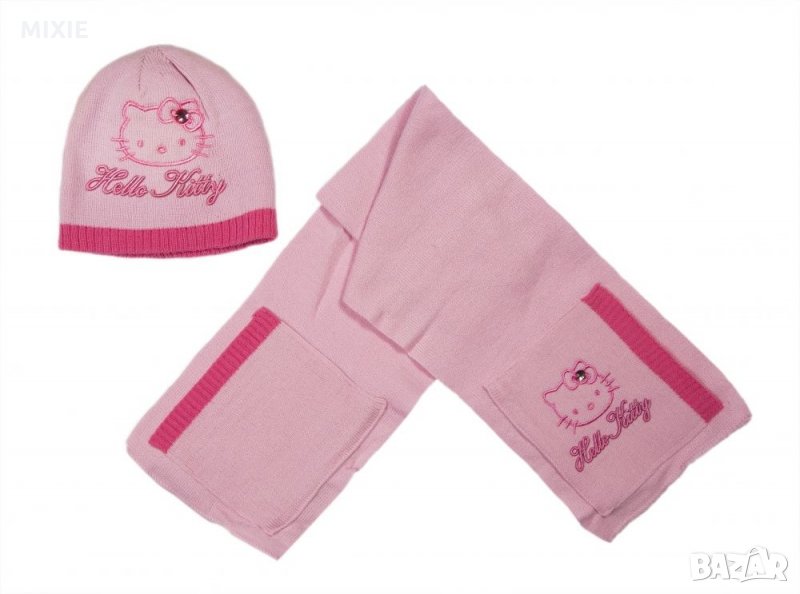 Нов детски комплект шапка и шал HELLO KITTY, екрю и розов цвят, снимка 1
