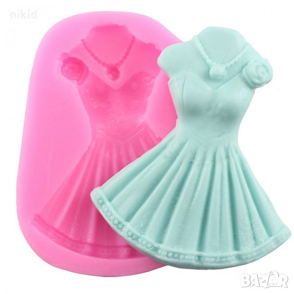 Дамска вталена рокля и колие силиконов молд декорация украса фондан торта мъфини шоколад гипс, снимка 1