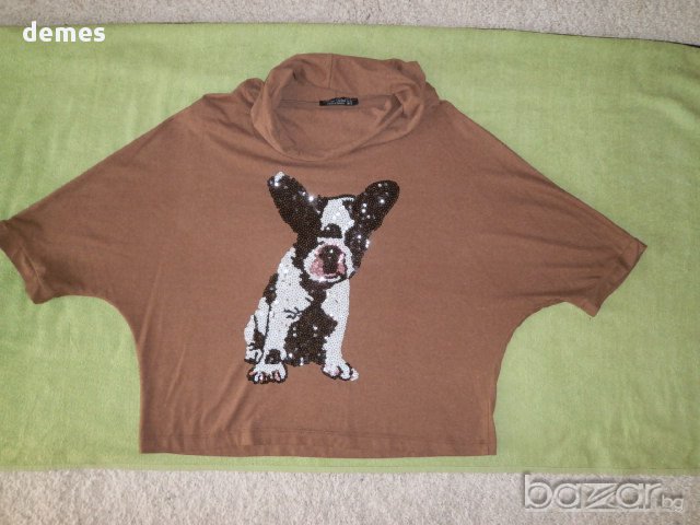 Ефектна дамска блуза с апликация в шоколодов цвят размер М , снимка 1